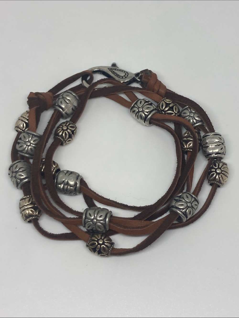 Handcrafted Brown Leather Wrap Bracelet with Silver Beads NWOT